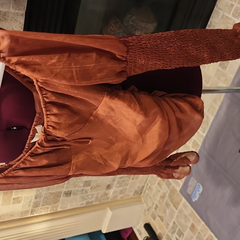 Wayf Orange Ruched Ruffled Blouse - Picture 3 of 7